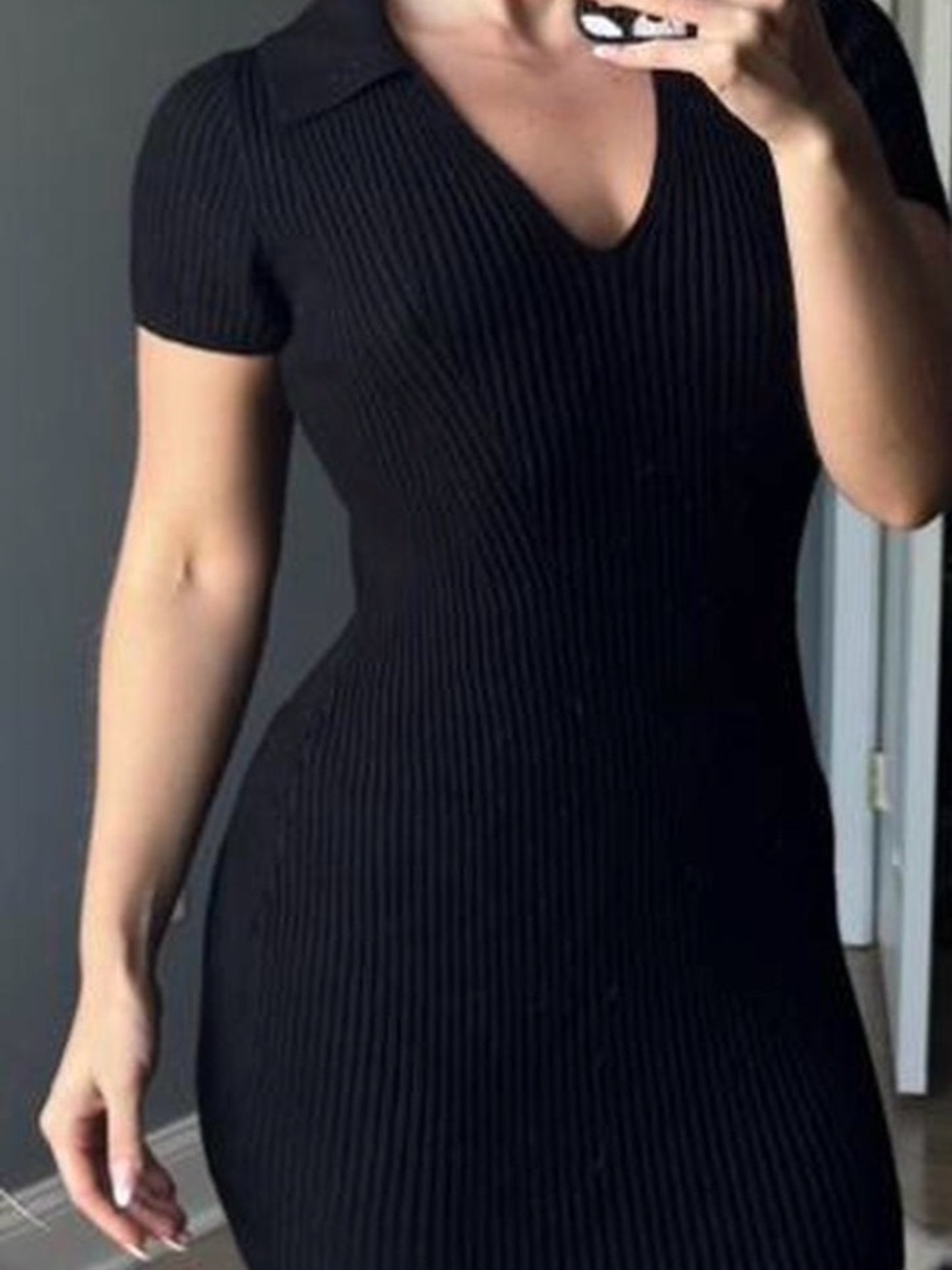 Cotton On Black Ribbed V-Neck Polo Midi Dress